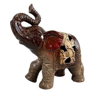 Vintage Ceramic Elephant Figurine Brown Red Glazed Filigree Cutout 7” Trunk Up
